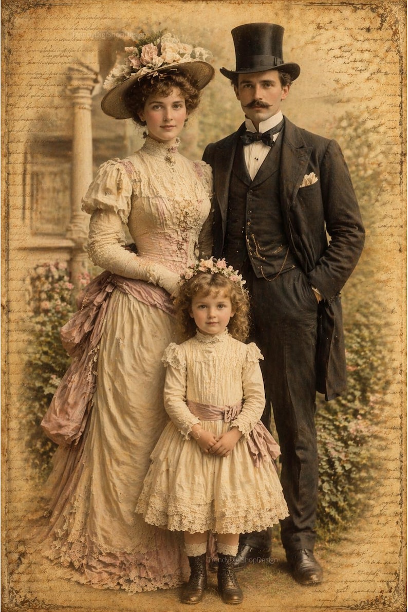 May include: Vintage family portrait featuring a woman in a cream dress and hat, a man in a black suit and top hat, and a girl in a cream dress. The image has a sepia tone, evoking a sense of nostalgia and historical elegance.