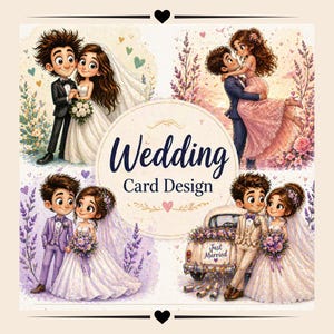 Könnte beinhalten: Digitale Illustration mit vier Hochzeitskartendesigns. Die Designs zeigen Cartoon-Paare in verschiedenen Posen, darunter Händchenhalten, Umarmen und Stehen in der Nähe eines Oldtimers. Der Text "Wedding Card Design" ist prominent dargestellt.