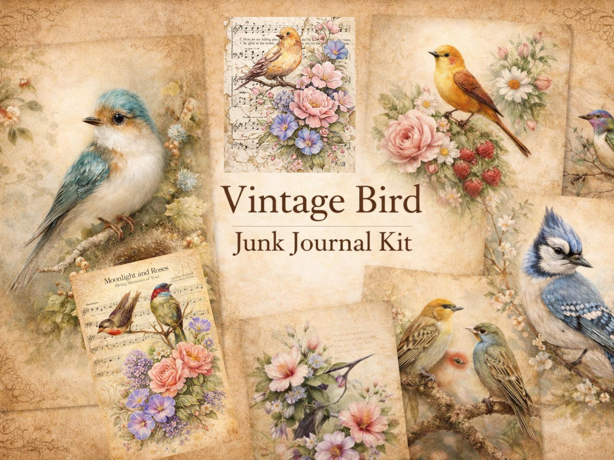 Vintage Bird Junk Journal Kit Floral Bird Ephemera Printable Scrapbook ...