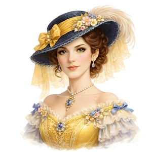 Könnte beinhalten: Digitale Illustration einer Frau in einem Outfit im Vintage-Stil. Sie trägt einen marineblauen Hut mit gelbem Band und floralen Akzenten. Ihr gelbes Kleid ist mit Spitze, blauen Schleifen und einer Perlenkette mit blauem Anhänger verziert. Sie trägt auch passende Ohrringe.