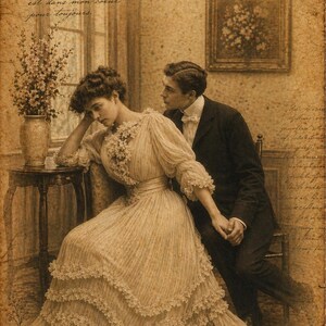 May include: Vintage sepia-toned postcard featuring a couple in period attire. A woman in a tiered dress sits, while a man in a suit and bow tie looks on. The postcard includes French text and a Paris postmark dated May 12, 1908.