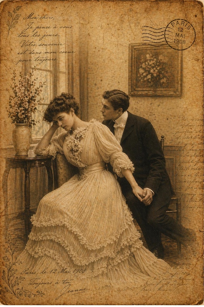 May include: Vintage sepia-toned postcard featuring a couple in period attire. A woman in a tiered dress sits, while a man in a suit and bow tie looks on. The postcard includes French text and a Paris postmark dated May 12, 1908.