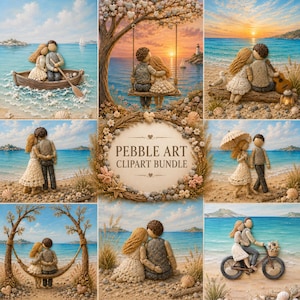 May include: A collection of pebble art illustrations featuring couples in various coastal settings, including a boat, a swing, a beach, and a bicycle, with the central text Pebble Art Clipart Bundle surrounded by a wreath of small flowers and shells.