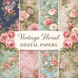 Könnte beinhalten: Eine Sammlung von digitalen Vintage-Blumenpapieren. Die Papiere zeigen verschiedene Blumenmuster in Rosa-, Blau- und Grüntönen. Der Text "Vintage Floral DIGITAL PAPERS" wird auf einem Banner in der Mitte des Bildes angezeigt.