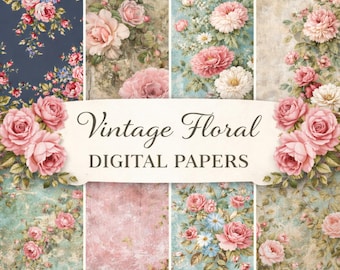 Papeles digitales florales vintage, fondos de rosas estilo shabby chic, kit para diario creativo, paquete de papeles para álbumes de recortes, papeles decorativos imprimibles