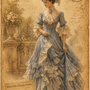 May include: Vintage-style illustration of a woman in a blue dress with layered ruffles, a matching hat, and a high collar. The image has a sepia tone and includes a stamp from Paris, dated May 10, 1893, and a label that reads "Private Collectiony La Constance Pratt."