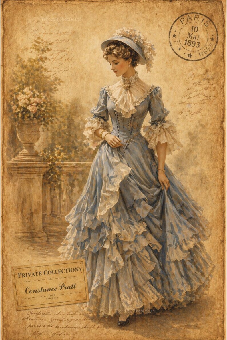 May include: Vintage-style illustration of a woman in a blue dress with layered ruffles, a matching hat, and a high collar. The image has a sepia tone and includes a stamp from Paris, dated May 10, 1893, and a label that reads "Private Collectiony La Constance Pratt."