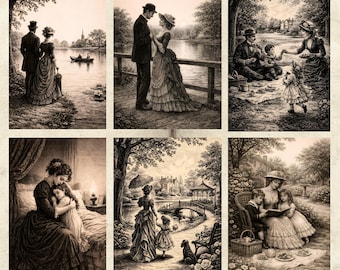Paquete de imágenes prediseñadas de grabados victorianos, escena de arte lineal grabado antiguo vintage, pareja romántica, familia, siglo XIX, efímeros digitales para diarios creativos