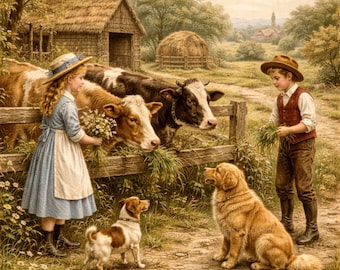 Paquete de imágenes prediseñadas de niños victorianos, escenas campestres infantiles vintage, ilustraciones de cuentos antiguos, efímeras imprimibles para diarios basura