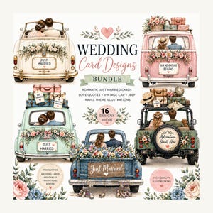 Può includere: Un pacchetto di design di biglietti di nozze digitali con illustrazioni di auto d'epoca, una jeep e un camion, tutti decorati con fiori e bagagli. Ogni veicolo ha una coppia all'interno. Il testo include "Just Married" e "Our Adventure Begins".