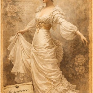 May include: Vintage-style illustration of a woman in a flowing white dress, with long sleeves and a ruffled skirt. The image has a sepia tone, with floral accents and text that reads "Paris Juin 1910" and "Romance No. 16, Private Collection."