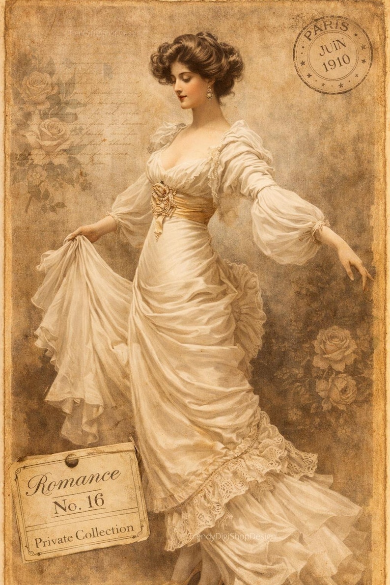 May include: Vintage-style illustration of a woman in a flowing white dress, with long sleeves and a ruffled skirt. The image has a sepia tone, with floral accents and text that reads "Paris Juin 1910" and "Romance No. 16, Private Collection."