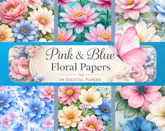 Paquete de papeles digitales florales en rosa y azul, fondos de flores en tonos pastel, papel romántico botánico para álbumes de recortes, páginas para diarios creativos, conjunto imprimible