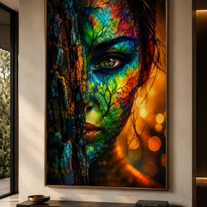 May include: A rectangular wall art print featuring a close-up portrait of a face partially obscured by tree bark. The skin is covered in vibrant, multicoloured tree branch patterns in shades of blue, green, yellow, and red, with a warm bokeh background.