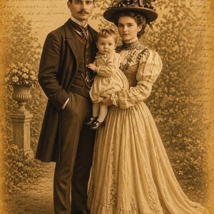 May include: Vintage sepia-toned portrait of a family. A man in a dark suit and a woman in a long dress hold a baby. The woman wears a hat with feathers. The background features a garden setting.
