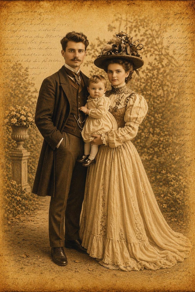 May include: Vintage sepia-toned portrait of a family. A man in a dark suit and a woman in a long dress hold a baby. The woman wears a hat with feathers. The background features a garden setting.