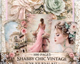 Kit de diario de estilo shabby chic, efímeros vintage, paquete de papel digital, páginas de álbum de recortes, papel imprimible, paquete de papel vintage