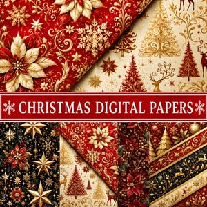 Könnte beinhalten: Eine Sammlung digitaler Papiere mit Weihnachtsmotiven auf rotem, goldenem und schwarzem Hintergrund. Die Muster zeigen Weihnachtssterne, Schneeflocken, Sterne, Tannenbäume und Rentiere. Ein rotes Banner trägt den Text CHRISTMAS DIGITAL PAPERS.