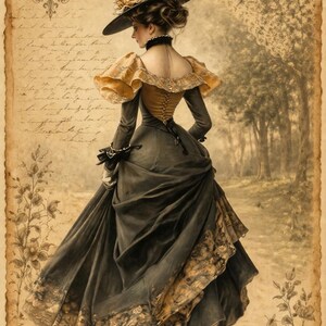 May include: An antique-style illustration of a woman in a vintage dress and hat, walking on a path. The dress is dark with gold accents, and the hat is adorned with flowers. The background features a faded, aged paper texture with script and a stamp.