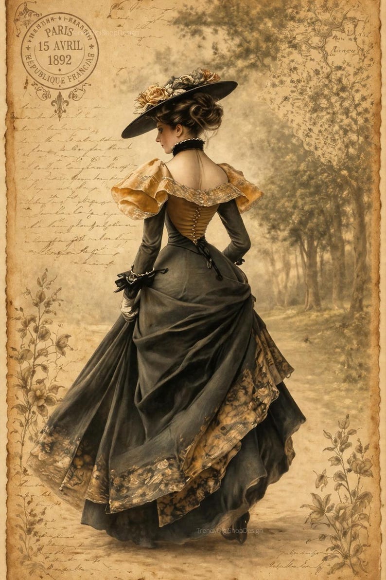 May include: An antique-style illustration of a woman in a vintage dress and hat, walking on a path. The dress is dark with gold accents, and the hat is adorned with flowers. The background features a faded, aged paper texture with script and a stamp.