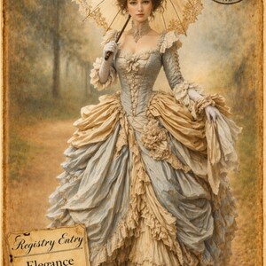 May include: A vintage-style illustration of a woman in an elegant, light blue and beige Victorian gown, holding a parasol. The dress features intricate lace and ruffles. The image includes text that reads "Registry Entry Elegance No. 24" and a stamp that reads "Victoria & District 18 Sep 1891 London."