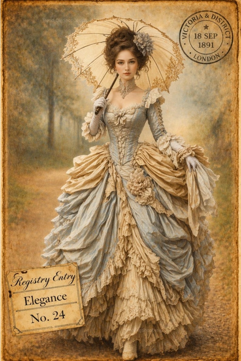 May include: A vintage-style illustration of a woman in an elegant, light blue and beige Victorian gown, holding a parasol. The dress features intricate lace and ruffles. The image includes text that reads "Registry Entry Elegance No. 24" and a stamp that reads "Victoria & District 18 Sep 1891 London."