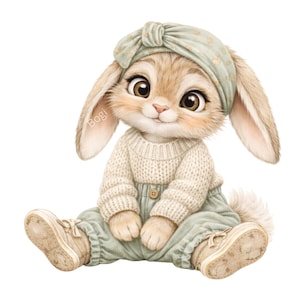 Könnte beinhalten: Eine Illustration eines niedlichen Hasen mit einem hellgrünen Stirnband, Pullover und Latzhose. Der Hase hat große braune Augen und sitzt mit ausgestreckten Beinen. Der Hase trägt beige Schuhe. Das Bild hat eine weiche, pastellfarbene Farbpalette.