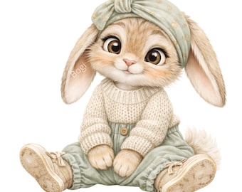 Paquete de imágenes prediseñadas de conejito de Pascua: 16 adorables conejitos PNG, conejitos primaverales en acuarela pastel para sublimación, álbumes de recortes y diarios. Descarga digital.