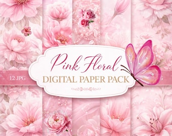 Papel digital floral rosa, fondos románticos estilo shabby chic, papel para diario creativo, papel para álbum de recortes, fondos imprimibles