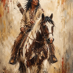Puede incluir: Una pintura al óleo que muestra a una persona de cabello largo y oscuro montando un caballo pinto marrón y blanco. El jinete viste una camisa color canela con adornos estampados, pantalones de cuero y lleva un carcaj. El caballo tiene bridas.