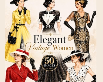 May include: Watercolor illustration featuring five elegant vintage women in various outfits. The image includes a yellow coat, a black and white dress, a gold beaded dress, a red coat, and a white polka dot dress. The text "Elegant Vintage Women" is also present.