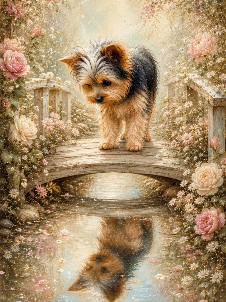 Peut inclure: Un chiot Yorkshire Terrier se tient sur un pont en bois, son reflet visible dans l'eau en dessous. La scène est entourée de roses roses et crème et d'autres fleurs, créant un cadre serein et idyllique. Le chien a des poils noirs, bruns et fauves.