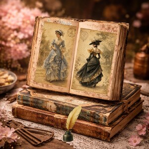 May include: An open antique book with illustrations of women in vintage dresses, resting on a stack of old books. A quill pen and inkwell sit in front of the books. The scene is set on a lace cloth with pink flowers.