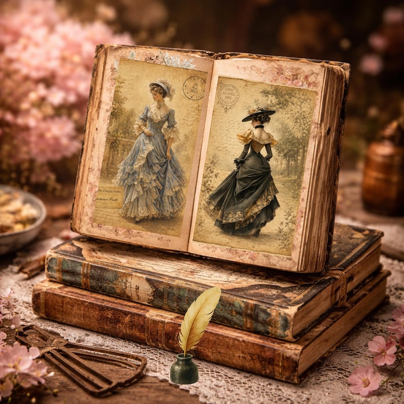 May include: An open antique book with illustrations of women in vintage dresses, resting on a stack of old books. A quill pen and inkwell sit in front of the books. The scene is set on a lace cloth with pink flowers.