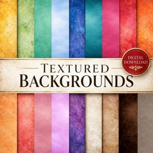 Könnte beinhalten: Eine Sammlung strukturierter Hintergründe in verschiedenen Farben, darunter Orange, Grün, Blau und Rosa. Das Bild zeigt ein Banner mit dem Text "TEXTURED BACKGROUNDS" und einem "DIGITAL DOWNLOAD"-Abzeichen.
