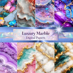 May include: A collection of digital papers featuring various marble designs. The papers showcase a range of colors, including blue, purple, pink, and white, with gold accents. The text "Luxury Marble Digital Papers" is displayed on a banner.
