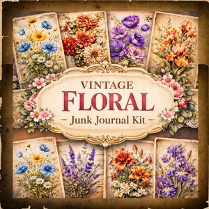 Könnte beinhalten: Ein Vintage-Blumen-Junk-Journal-Kit mit acht Karten, die jeweils Aquarell-Blumenillustrationen zeigen. Die Karten zeigen Blüten in Blau, Gelb, Rot, Orange, Lila und Rosa. Das Kit ist mit einem dekorativen Rahmen versehen und enthält den Text "VINTAGE FLORAL - Junk Journal Kit".