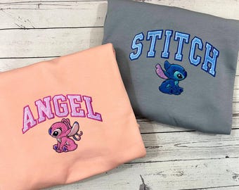 Retro Stitch and Angel Embroidered Sweatshirt, Disney Lilo and Stitch Couple Matching Pullover, Cute Movie Fan Sand Crewneck, Ohana Gift Top