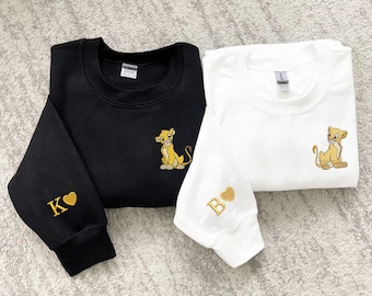 Custom Simba and Nala Embroidered Sweatshirt, Disney Lion King Couple Matching Pullover with Heart Sleeve Initial, Cute Movie Fan Gift Top