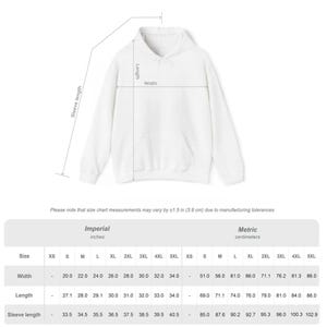 May include: White hooded sweatshirt with a front pocket, displayed with measurements for width, length, and sleeve length in inches. The size chart also includes metric measurements. The text says, "Please note that size chart measurements may vary by &plusmn;1.5 in (3.8 cm) due to manufacturing tolerances."
