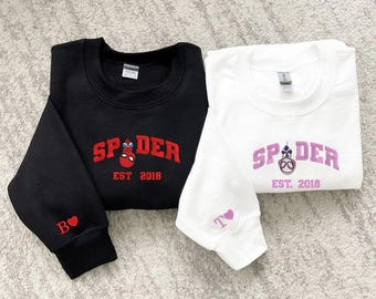Custom Spider Man Embroidered Sweatshirt, Custom Est Year Couple Matching Pullover, Heart Sleeve Initial, Superhero Gift Top