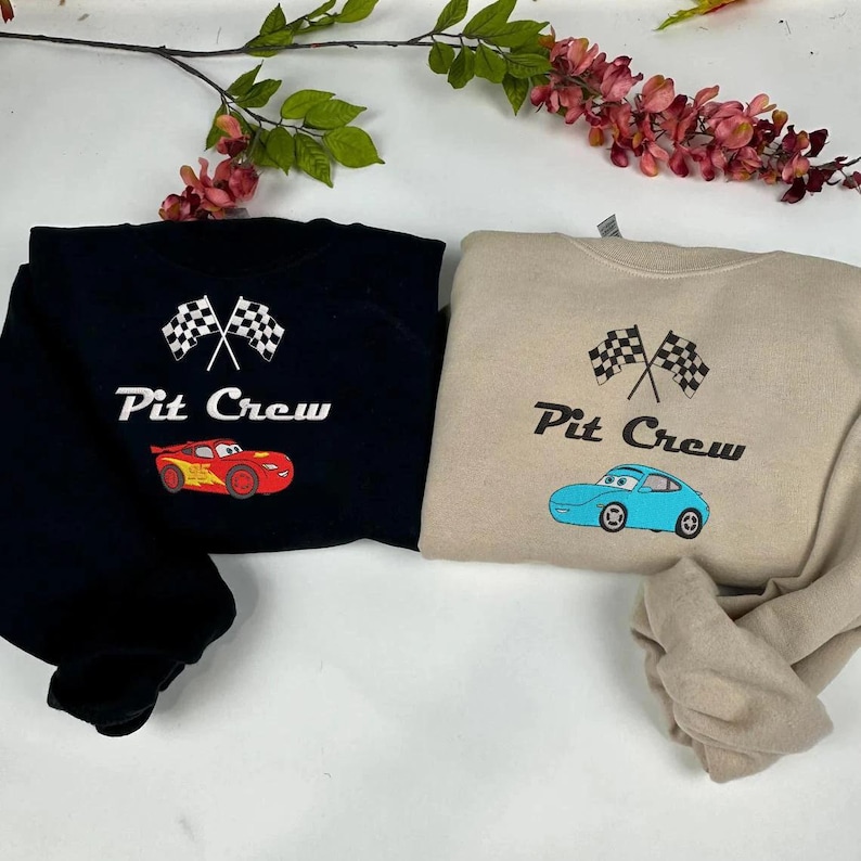 Custom Disney Cars Pit Crew Embroidered Sweatshirt, Lightning McQueen and Sally Couple Matching Pullover, Retro Racing Movie Fan Gift Top image 2