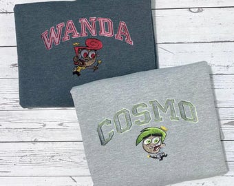 Retro Cosmo and Wanda Embroidered Sweatshirt, Fairly OddParents Couple Matching Pullover, Nickelodeon Cartoon Fan Gift, 90s Nostalgia Top