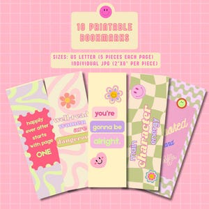 May include: A collection of 10 printable bookmarks with a variety of designs and text. The bookmarks feature pastel colours, flowers, smiley faces, and phrases. Each bookmark measures approximately 5 cm x 15 cm.