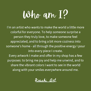 May include: A green background with white text that reads "Who am I?" and a description of the artist's goals. The artist's name, "Kosaki Art," is at the bottom.