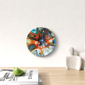 Abstract Pour Painting, Colorful Fluid Desk Art, Burst Cells Acrylic Pouring, Modern House Decor, Original Handmade 7 inch round Cork panel image 1