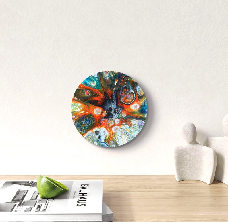 Abstract Pour Painting, Colorful Fluid Desk Art, Burst Cells Acrylic Pouring, Modern House Decor, Original Handmade 7 inch round Cork panel image 1