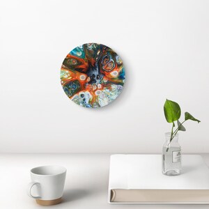 Abstract Pour Painting, Colorful Fluid Desk Art, Burst Cells Acrylic Pouring, Modern House Decor, Original Handmade 7 inch round Cork panel image 2
