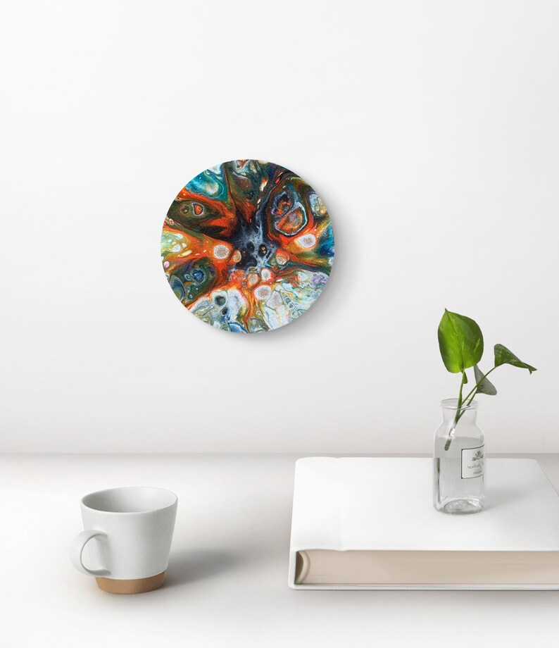 Abstract Pour Painting, Colorful Fluid Desk Art, Burst Cells Acrylic Pouring, Modern House Decor, Original Handmade 7 inch round Cork panel image 2