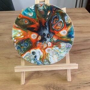 Abstract Pour Painting, Colorful Fluid Desk Art, Burst Cells Acrylic Pouring, Modern House Decor, Original Handmade 7 inch round Cork panel image 6